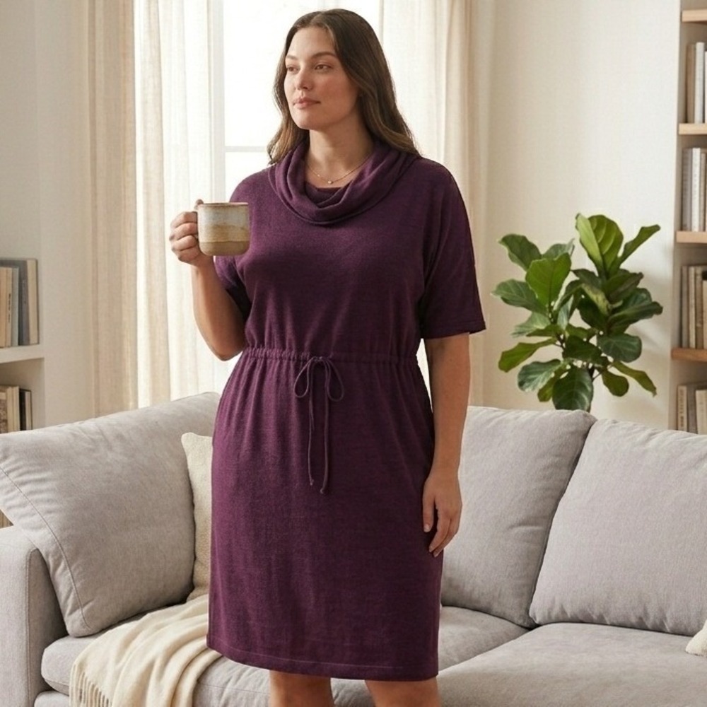 Lands' End Sweatshirt Dress Womens 14-16 Burgundy Cowl Neck Short Sleeve Casual